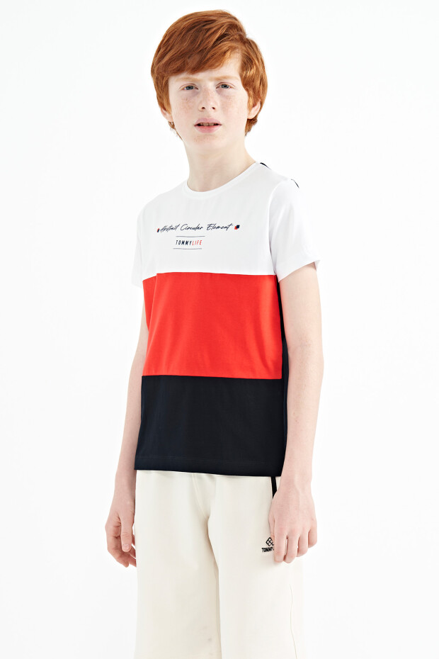 Lacivert Renk Bloklu O Yaka Baskı Detaylı Standart Kalıp Erkek Çocuk T-Shirt - 11135 - 8