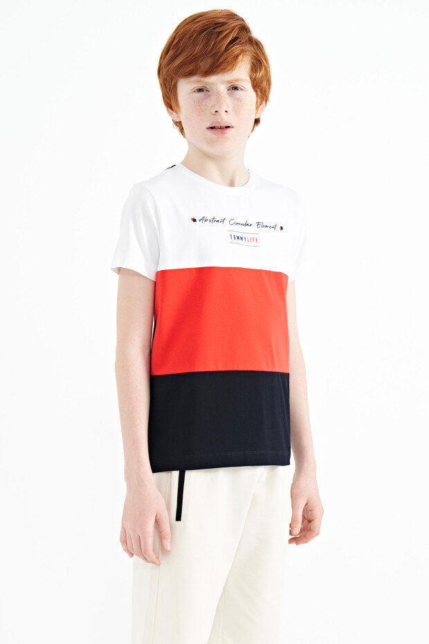 Lacivert Renk Bloklu O Yaka Baskı Detaylı Standart Kalıp Erkek Çocuk T-Shirt - 11135