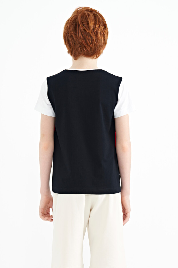 Lacivert Renk Bloklu O Yaka Baskı Detaylı Standart Kalıp Erkek Çocuk T-Shirt - 11135