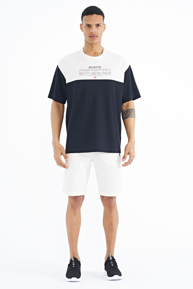 Lacivert Renk Geçişli Baskı Detaylı O Yaka Oversize Erkek T-shirt - 88225