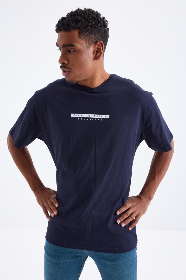 Lacivert Sırtı Yazı Baskılı O Yaka Erkek Oversize T-Shirt - 88100