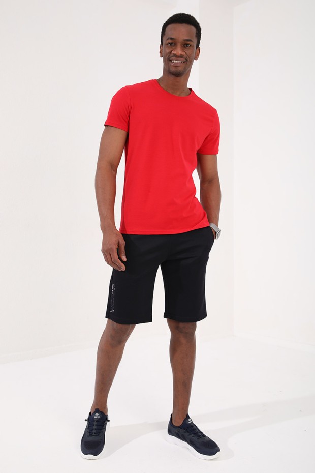 Lacivert Tek Fermuar Cep Detaylı Bağcıklı Standart Kalıp Erkek Şort - 81202 - 1