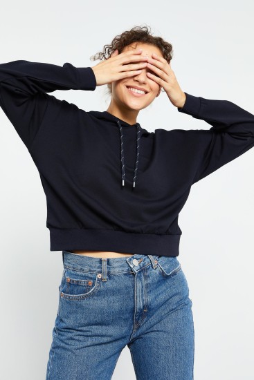 Lacivert Uzun Kol Rahat Form Kapüşonlu Kadın Sweatshirt - 97115 