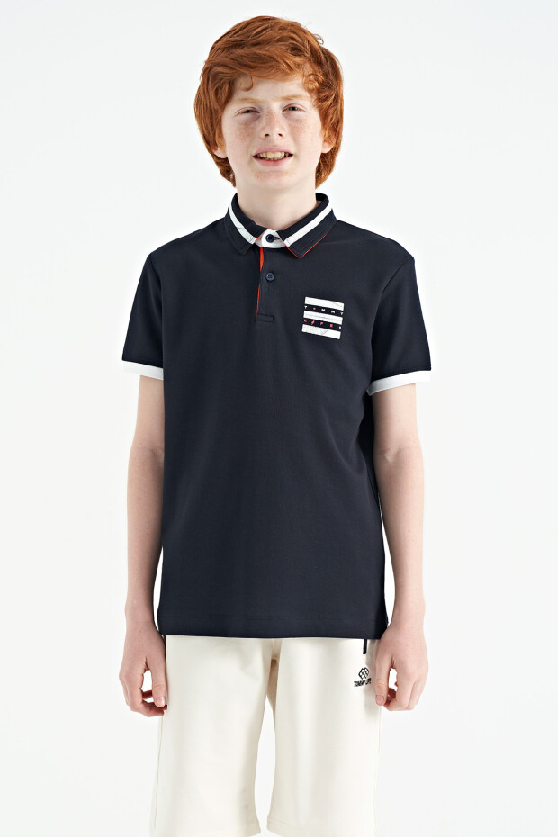 Lacivert Yakası Renk Bloklu Baskı Detaylı Standart Kalıp Erkek Çocuk T-Shirt - 11111