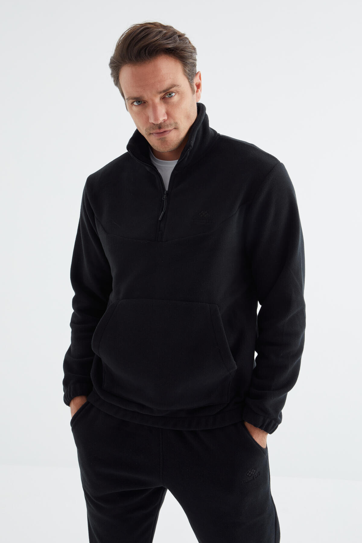 Lacivert Yarım Fermuar Dik Yaka Lastik Paça Polar Erkek Eşofman Takımı - 85159 - TOMMYLIFE (1)