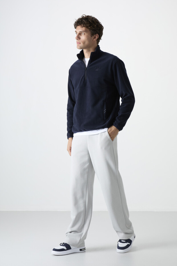Lacivert Yarım Fermuarlı Sweatshirt Slim Fit Dik Yaka Erkek Polar - 87891