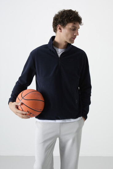 Lacivert Yarım Fermuarlı Sweatshirt Slim Fit Dik Yaka Erkek Polar - 87891 