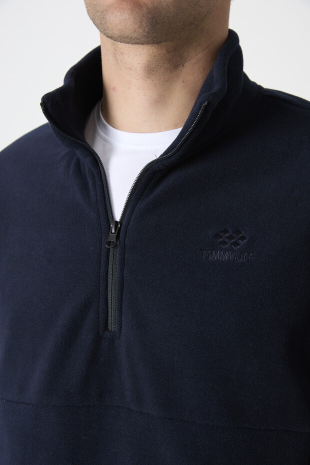 Lacivert Yarım Fermuarlı Sweatshirt Slim Fit Dik Yaka Erkek Polar - 87891 - 4