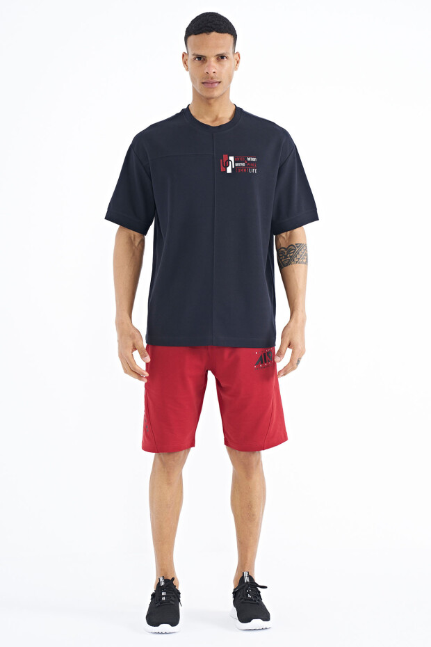 Lacivert Yazı Baskı Detaylı O Yaka Oversize Erkek T-shirt - 88197