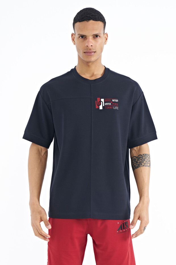 Lacivert Yazı Baskı Detaylı O Yaka Oversize Erkek T-shirt - 88197