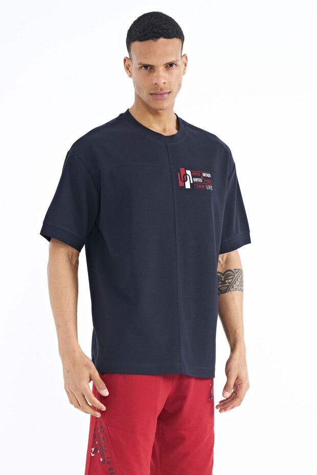 Lacivert Yazı Baskı Detaylı O Yaka Oversize Erkek T-shirt - 88197