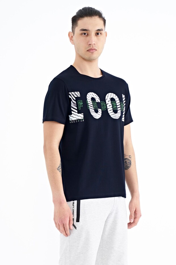 Lacivert Yazı Baskı Detaylı O Yaka Standart Kalıp Erkek T-Shirt - 88187