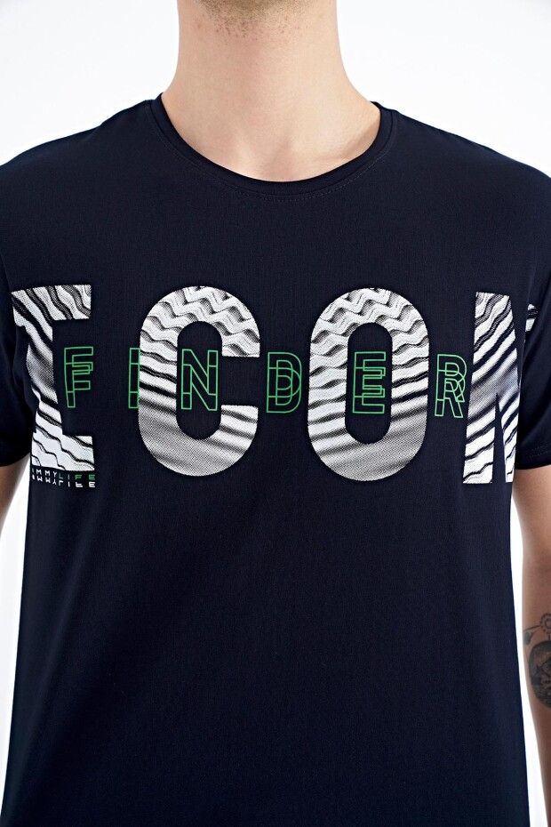 Lacivert Yazı Baskı Detaylı O Yaka Standart Kalıp Erkek T-Shirt - 88187
