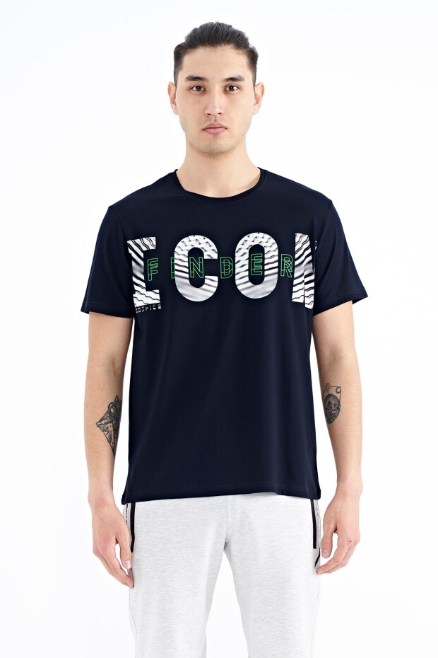 Lacivert Yazı Baskı Detaylı O Yaka Standart Kalıp Erkek T-Shirt - 88187
