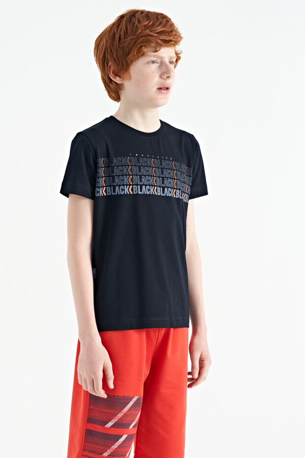 Lacivert Yazı Baskılı O Yaka Standart Kalıp Erkek Çocuk T-Shirt - 11149