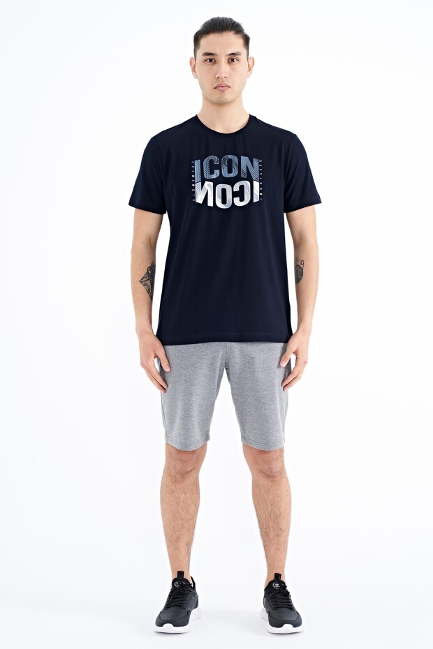 Lacivert Yazı Baskılı O Yaka Standart Kalıp Erkek T-Shirt - 88174
