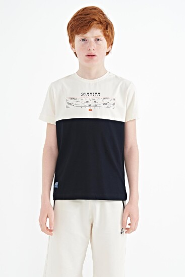 Lacivert Yazı Baskılı Renk Bloklu Standart Kalıp O Yaka Erkek Çocuk T-Shirt - 11134 