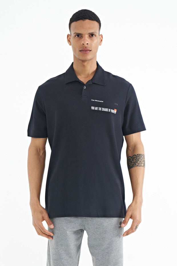 Lacivert Yazı Baskılı Standart Form Polo Yaka Erkek T-shirt - 88236