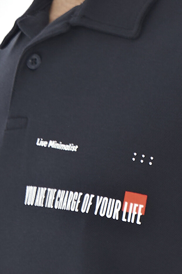 Lacivert Yazı Baskılı Standart Form Polo Yaka Erkek T-shirt - 88236 - 3