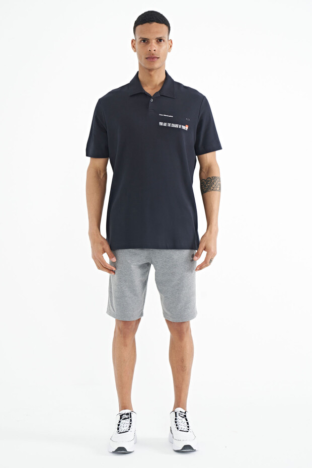 Lacivert Yazı Baskılı Standart Form Polo Yaka Erkek T-shirt - 88236