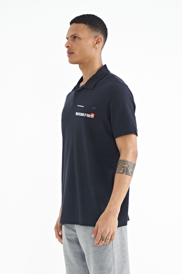 Lacivert Yazı Baskılı Standart Form Polo Yaka Erkek T-shirt - 88236