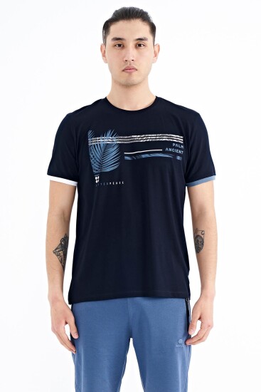Lacivert Yazı Desen Baskılı O Yaka Standart Kalıp Erkek T-Shirt - 88183 