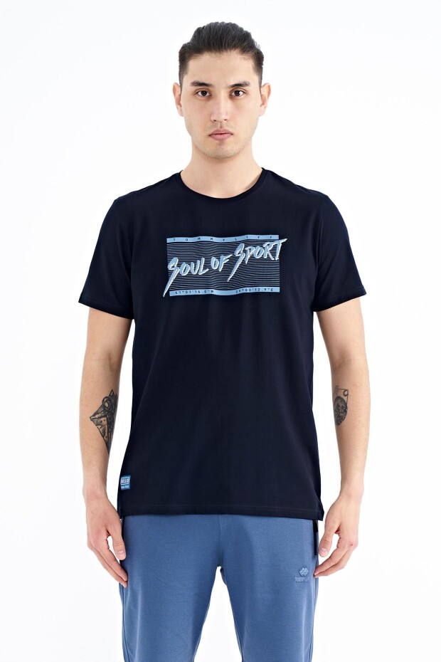 Lacivert Yazı Desen Baskılı Standart Kalıp O Yaka Erkek T-Shirt - 88172