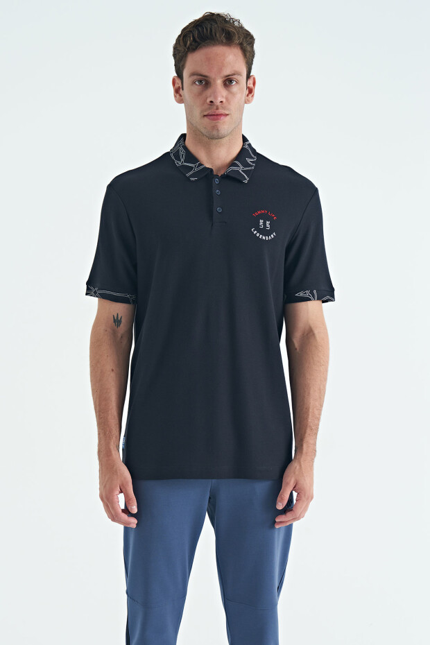 Lacivert Yazı Nakışlı Baskı Detaylı Standart Kalıp Polo Yaka Erkek T-Shirt - 88239