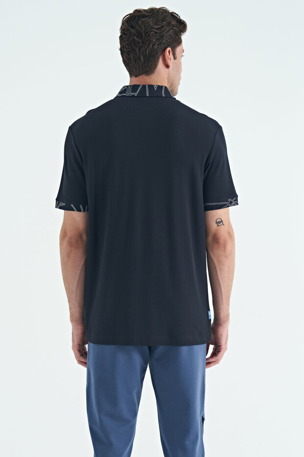 Lacivert Yazı Nakışlı Baskı Detaylı Standart Kalıp Polo Yaka Erkek T-Shirt - 88239