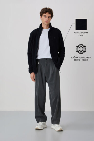 Lacivert Yazı Nakışlı Dik Yaka Fermuarlı Standart Kalıp Erkek Sweatshirt Polar - 87992 