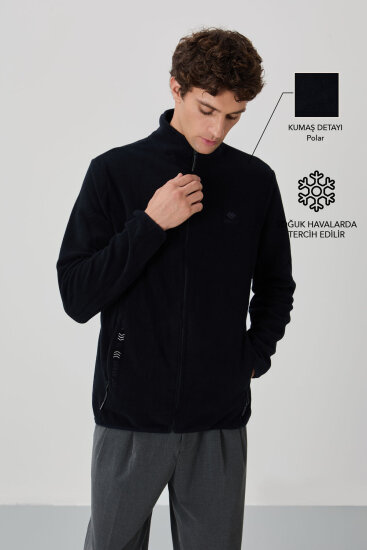 Lacivert Yazı Nakışlı Dik Yaka Fermuarlı Standart Kalıp Erkek Sweatshirt Polar - 87992 
