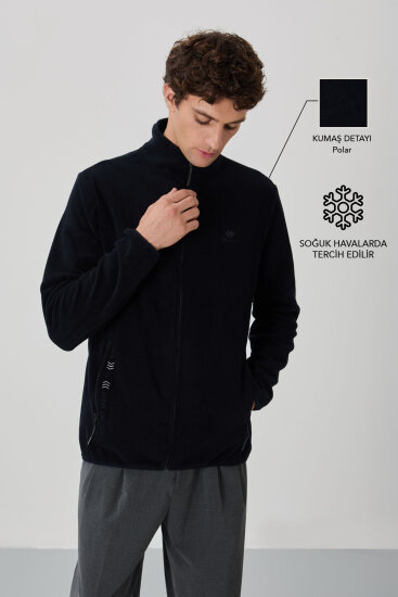 Lacivert Yazı Nakışlı Dik Yaka Fermuarlı Standart Kalıp Erkek Sweatshirt Polar - 87992 
