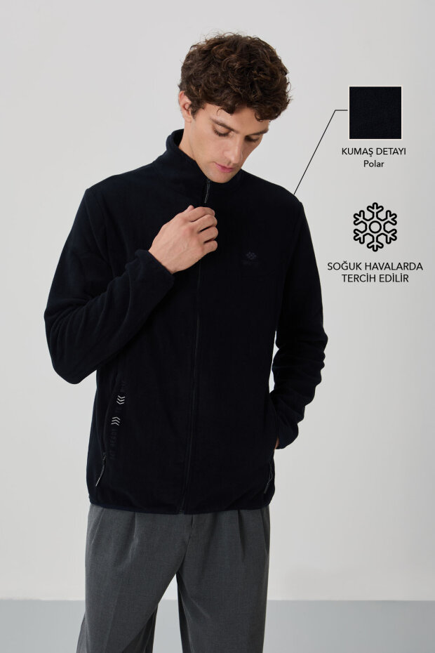 Lacivert Yazı Nakışlı Dik Yaka Fermuarlı Standart Kalıp Erkek Sweatshirt Polar - 87992 - 1