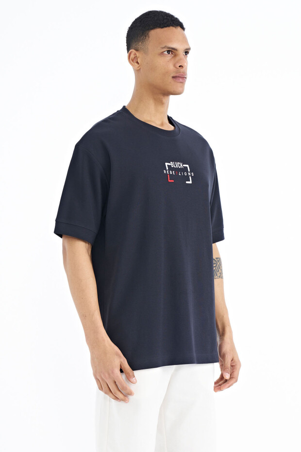 Lacivert Yazı Nakışlı O Yaka Oversize Erkek T-Shirt - 88192