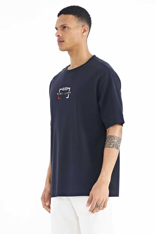 Lacivert Yazı Nakışlı O Yaka Oversize Erkek T-Shirt - 88192