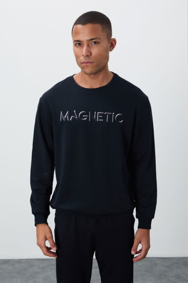 Lacivert Yazı Nakışlı O Yaka Rahat Form İçi Polarlı Erkek Sweatshirt - 88020 