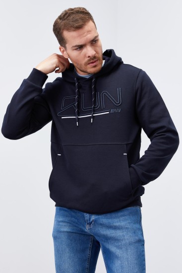 Lacivert Yazı Nakışlı Standart Kalıp Kapüşonlu Erkek Sweatshirt - 87887 