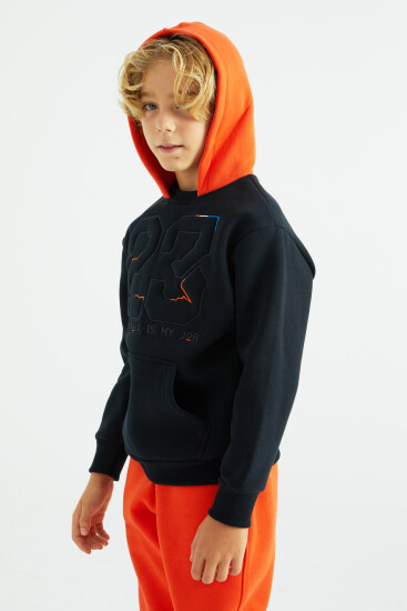 Lacivert Yazı Ve Omuz Nakışlı Kapüşonlu Standart Kalıp Erkek Çocuk Sweatshirt - 11027 