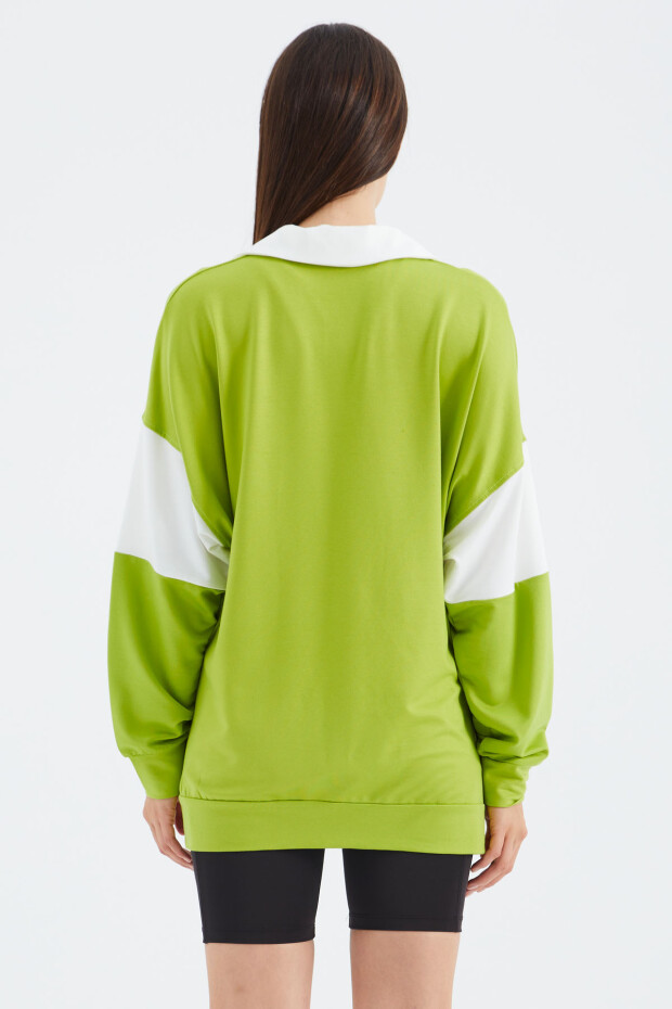 Lime Yeşil Polo Yaka Renk Bloklu Oversize Kadın Sweatshirt - 02377