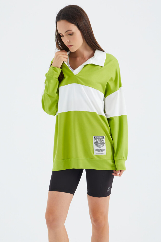 Lime Yeşil Polo Yaka Renk Bloklu Oversize Kadın Sweatshirt - 02377