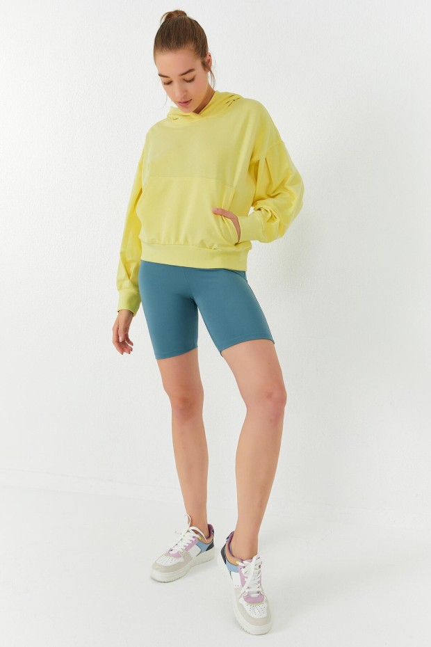 Limon Balon Kol Kapüşonlu Kadın Oversize Sweatshirt - 97156