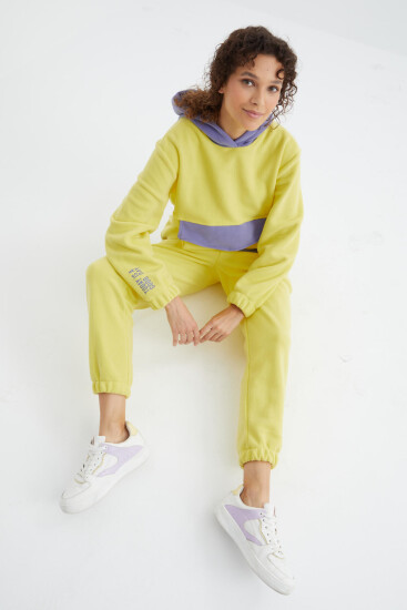 Limon Büzgülü Kapüşonlu Oversize Kadın Polar Eşofman Takım - 95319 