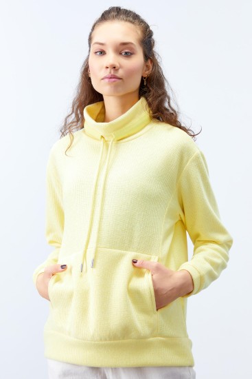 Limon Dik Yaka Bağcıklı Selanik Triko Kadın Oversize Sweatshirt - 97195 
