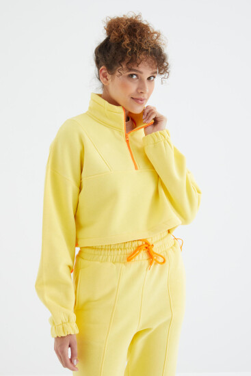 Limon Düşük Omuzlu Beli Büzgülü Yarım Boy Fermuarlı Oversıze Kadın Eşofman Takım - 95321 - TOMMYLIFE (1)