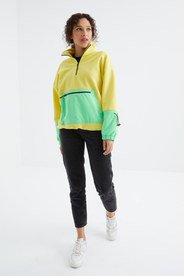 Limon Etek Ucu Büzgülü Yarım Fermuarlı Oversize Kadın Polar Sweatshirt - 97238
