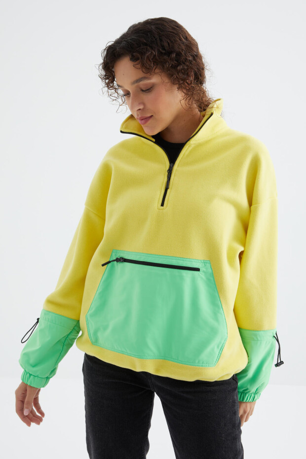 Limon Etek Ucu Büzgülü Yarım Fermuarlı Oversize Kadın Polar Sweatshirt - 97238 - 5