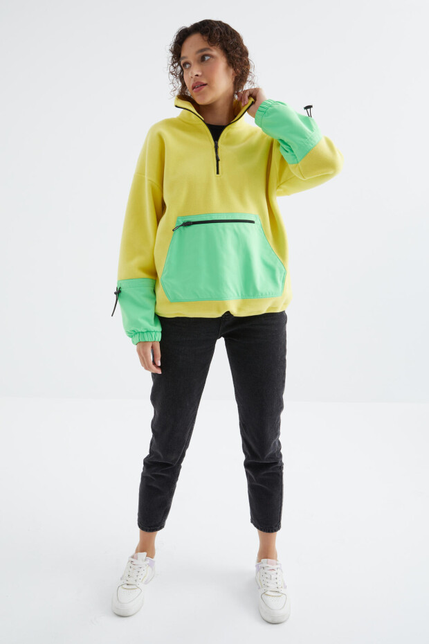 Limon Etek Ucu Büzgülü Yarım Fermuarlı Oversize Kadın Polar Sweatshirt - 97238 - 4