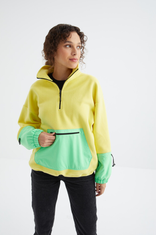 Limon Etek Ucu Büzgülü Yarım Fermuarlı Oversize Kadın Polar Sweatshirt - 97238 - 7