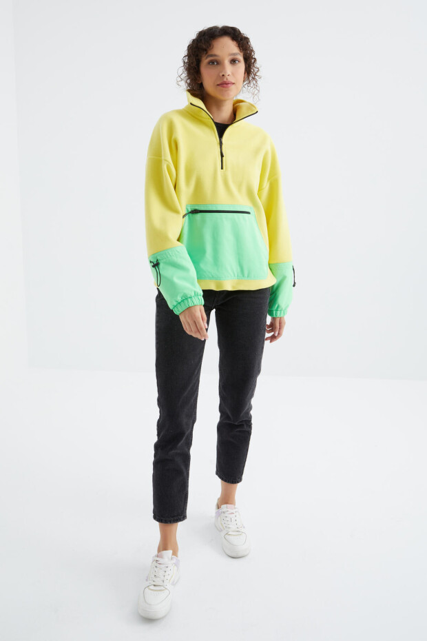 Limon Etek Ucu Büzgülü Yarım Fermuarlı Oversize Kadın Polar Sweatshirt - 97238 - 8