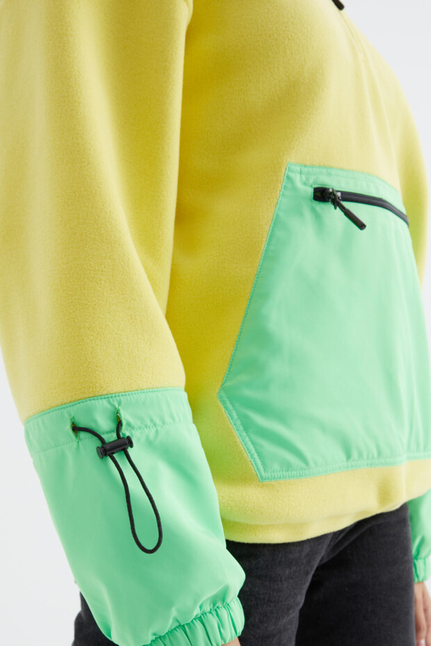 Limon Etek Ucu Büzgülü Yarım Fermuarlı Oversize Kadın Polar Sweatshirt - 97238 - 9